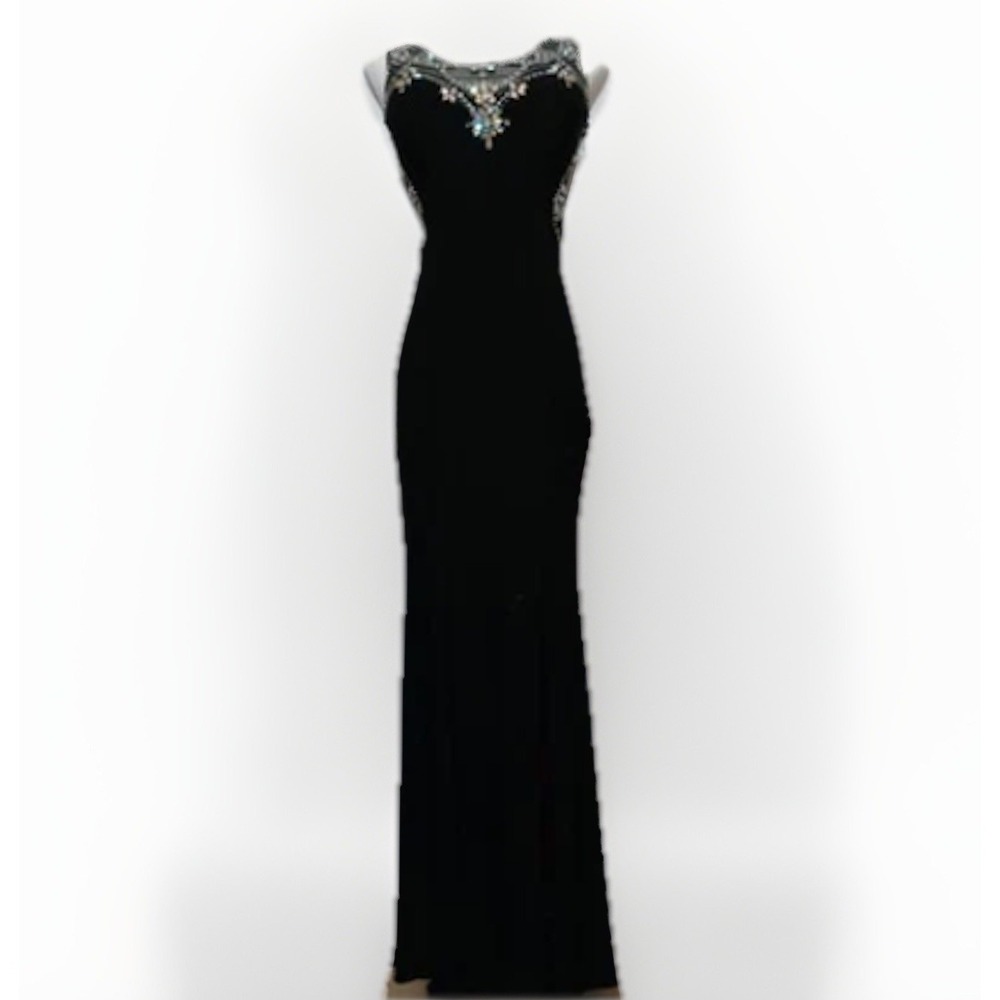 Betsy & Adam Formal Dress 4 Black Floor Length Beaded Open Back Luxury Black Tie
